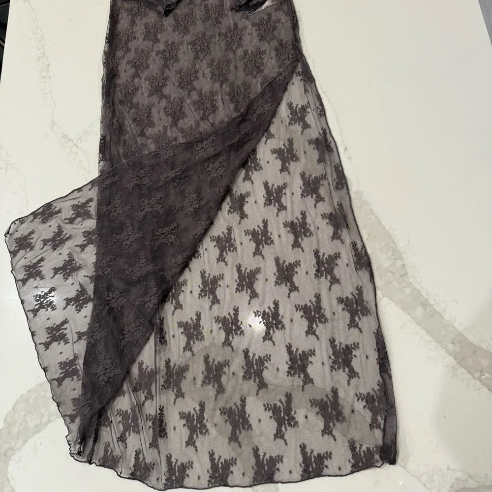 Free People NWT Lady Lux Maxi Sheer Lace Slip Dress Womens Medium Dark Gull Gray - Picture 4 of 10